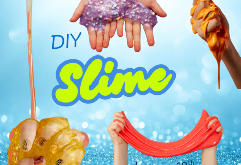 Blue glittery background with four sets of hands holding different color slime. Text reads, "DIY Slime."
